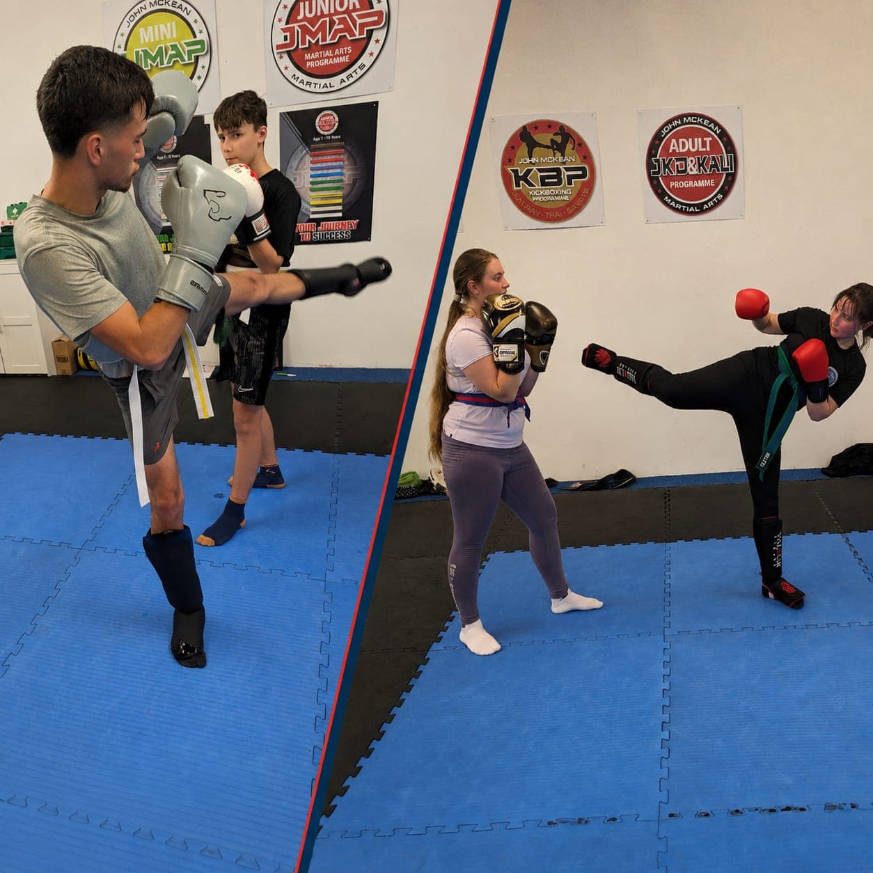 Teen students developing kickboxing skills in a coached class
